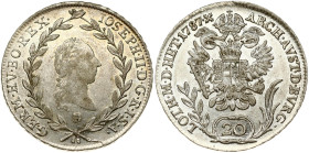 Holy Roman Empire. Joseph II (regency) (1765-1780). 20 Kreuzer 1787 B. Silver 6.62 g. KM-2069.