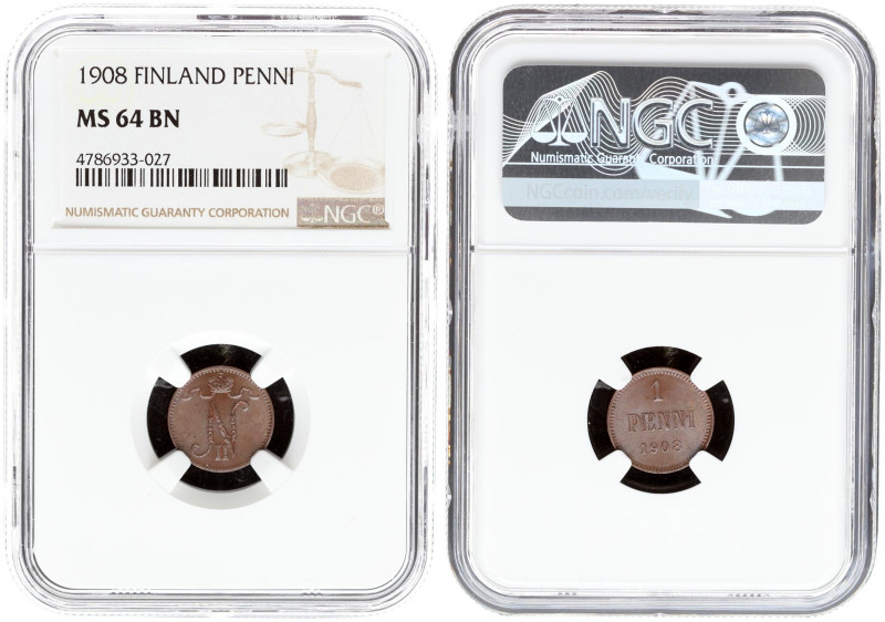 Russia for Finland. Nicholas II (1894-1917). 1 Penni 1908. Bitkin 469. NGC MS 64...