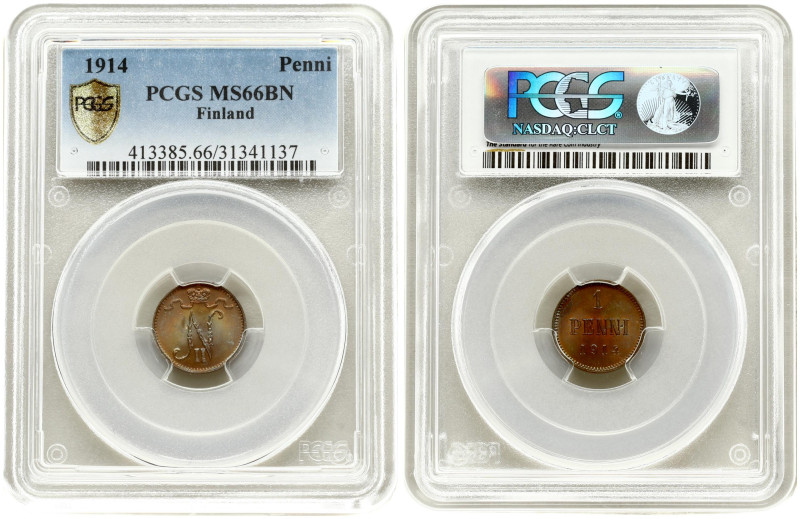 Russia for Finland. Nicholas II (1894-1917). 1 Penni 1914. Bitkin 474. PCGS MS66...