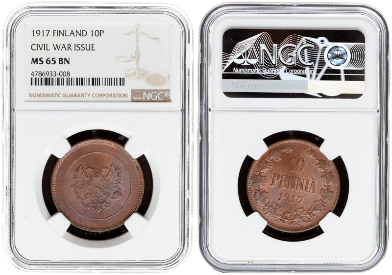 Russia for Finland. 10 Pennia 1917. Copper. Bitkin GSF3. NGC MS 65 BN