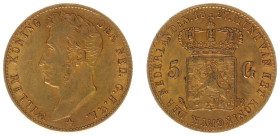 Koninkrijk NL Willem I (1815-1840) - 5 Gulden 1827 B (Sch. 198) - Gold - VF+, variant with open B of Brussels