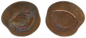Misslagen en afwijkingen Koninkrijk NL - 5 Cent 1977 - complex misstrike - irregular flan, on one side the imprint of a part of the reverse die; on th...