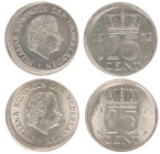 Misslagen en afwijkingen Koninkrijk NL - 25 Cent 1965 & 1972 MISSTRIKE 'struck 5% off center'- XF