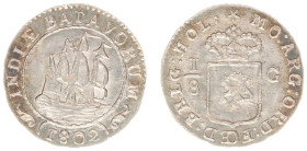 Nederlands-Indië - Bataafse Republiek (1799-1806) - 1/8 Scheepjesgulden 1802 with inner circle around arms (Scho. 494c) - XF+