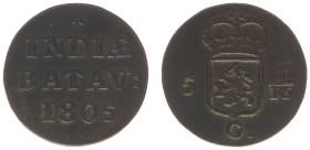 Nederlands-Indië - Bataafse Republiek (1799-1806) - AE doit 1805 (Ref.: Scho. 511b; Passon 22.5) - 2.91 g. Obv: Arms of the States General dividing va...
