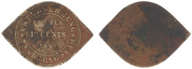 Plantagegeld / Plantation tokens - Tandjong Alam - 10 cents 1891 (LaBe 309 / LaWe 466) - Obv. Eye shaped. Obv.: Gut für - value - date: in three lines...