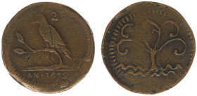 Overzeese Gebiedsdelen - Suriname - 2 Duiten 1679 (KM. 3 / Scho. 1435a RR / Passon 75.4 R3) - Obv. Parrot on a branch in a tree with 2 leaves and deno...