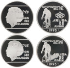 Overzeese Gebiedsdelen - Aruba - 25 Florin 1995 Wielrenner (KM13-14) with and without Olympic rings - both Proof in orig. boxes