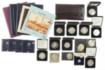 Coins Netherlands and Oversea in boxes - Box with various products KNM a.w. commemorative silver coins Neth. Antilles, added a big silver medal and a ...