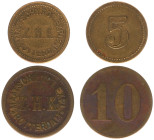 Tokens en loodjes - Rotterdam, Zuid-Hollandsch Koffiehuis - consumption tokens 5 and 10 n.d. (Kooij CC102-1,2) - brass 18 and 21 mm - F/VF - scarce