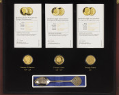 Medals in boxes - Netherlands - Cassette 'Nooit verschenen' containing 3 gold .585 imitation 10 Gulden coins and a tea spoon