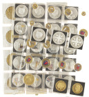 Medals in boxes - Netherlands - Nederlandse Spoorwegen 1839-1989 - lot of 33 medals depicting trains - added 40 other silvered and gilt medals, coin-r...