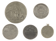Medals in boxes - Netherlands - Lot of 5 tin medals incl. 'Spotpenning Hilman 1873' and replica 'Gildepenning Passement- en Lintwerkersknechts'