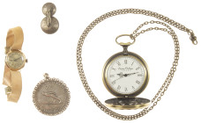 Miscellaneous - Coins in jewellery - Silvered cigaret box, Brette Phillipe watch, silver coin as pendant and old gold (.585) ladies wrist watch