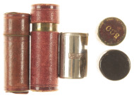 Miscellaneous - Coin related objects - Four cylindrical metal coin cases covered with leather - added PHILIPS coin case (5x)
