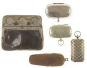 Miscellaneous - Coin related objects - Leather Austrian wallet and three metal carrying cases, all with sliding mechanism for coins - added small wall...