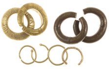 Miscellaneous - Ethnographics - Two wide crescent, cast manilla-like brass bracelets (681 g. & 696 g.) with flared ends and nice luster, from the Bidd...