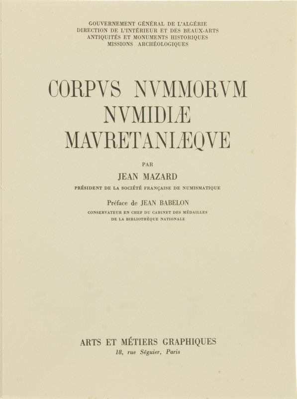 Miscellaneous - Literature - Ancient - J. Mazard 'Corpus nvmmorvm Nvmidiae Mavre...