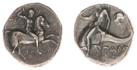 Italy - Calabria / Tarente - AR Nomos (c. 272-240 BC, 6.33 g) - Mag. Aristokles - Youth on horseback right, holding lance downwards, ΔI behind / Phala...