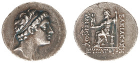 The Seleukid Kingdom - Antiochos V Eupator (164-162 BC) - AR Tetradrachm (Antiochia, 15.84 g) - Diademed head right / Zeus enthroned left holding Vict...