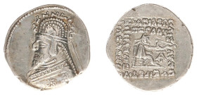 The Parthian Kingdom - Phraates III (ca. 70-58 BC) - AR drachm (3.81 g.). Ekbatana mint. Bust left with medium beard wearing tiara with horn in centre...