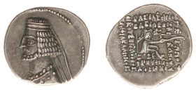 The Parthian Kingdom - Mithradates III (57-54 BC) - AR drachm (4.03 g.). Rhagai mint. Bare-headed bust left with short beard wearing diadem, necklace ...