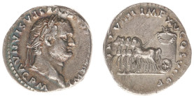 Roman Imperial Coinage - Titus (69-81) - AR Denarius (Rome AD 79, 3.26 g) - Commemorative issue 'Judaea Capta' - Laureate head right / Slow quadriga w...
