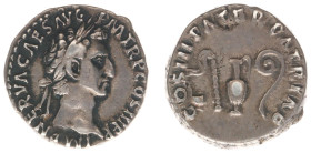 Roman Imperial Coinage - Nerva (96-98) - AR Denarius (Rome AD 97, 3.66 g) - Laureate head right / COS III PATER PATRIAE Priestly emblems: simpulum, as...