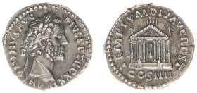 Roman Imperial Coinage - Antoninus Pius (138-161) - AR Denarius (Rome AD 159, 3.05 g) - Laureate head right / TEMPLVM DIV AVG REST Octastyle temple wi...