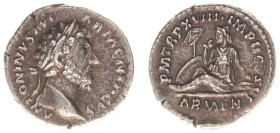 Roman Imperial Coinage - Marcus Aurelius (161-180) - AR Denarius (Rome AD 164, 3.04 g) - Laureate head right / Armenia seated left in attitude of mour...