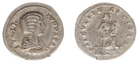 Roman Imperial Coinage - Julia Domna (+217) - AR Denarius (Rome AD 200-207, 3.25 g) - IVLIA AVGVSTA Draped bust right / SAECVLI FELICITAS Isis standin...
