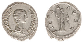 Roman Imperial Coinage - Plautilla (202-205) - AR Denarius (Rome AD 203-204, 3.62 g) - Draped bust right / PIETAS AVGG Pietas standing front, head to ...