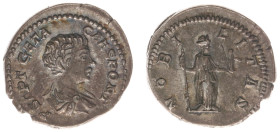 Roman Imperial Coinage - Geta (198-212) - AR Denarius (Rome 199, 3.06 gm.) - Boy's bare head right, draped bust / NOBILITAS Nobilitas standing right h...