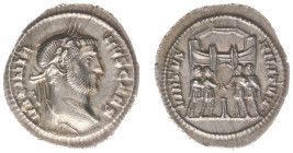 Roman Imperial Coinage - Galerius (305-311) - AR Argenteus (Rome AD 294, 295-7, 3.19 g) MAXIMIANVS CAES, laureate bust right / VIRTVS MILITVM, the fou...