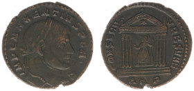 Roman Imperial Coinage - Maxentius (306-312) - AE Follis (Aquileia AD 307, 6.72 g) - Laureate head right / CONSERV VRB SVAE Roma seated in hexastyle t...