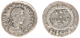 Roman Imperial Coinage - Valentinianus II (375-392) - AR Siliqua (Siscia AD 378-383, 1.63g) - Draped bust right / VOT V MULT X in wreath (SISCPS in ex...
