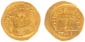Byzantine Coinage - Phocas (602-610) - AV Solidus (Constantinople, 4.33 gm.) - Draped and cuirassed facing bust, wearing crown, holding cross on globe...