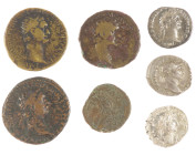Ancient coins in lots - Roman coinage - A small lot with Roman bronzes (4) and silvers (3): 2 Dupondii and 1 As of Domitianus and a Greek Roman of Dom...