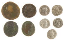 Ancient coins in lots - Roman coinage - A small lot Roman coins: some Denarii (Traianus (Victoria with wreath), Hadrianus (Abundantia, COS III) and An...