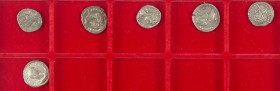 Ancient coins in lots - Roman coinage - A lot Roman silver Denarii: 3 x Septimius Severus (IOVI PROPVGNATORI, Genius en Annona), 2 x Caracalla (MARTI ...