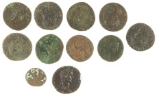 Ancient coins in lots - Roman coinage - A small collection Roman bronzes: Asses, Dupondii and 1 Quadrans, also 1 Greek Roman (SC in wreath), several e...