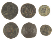 Ancient coins in lots - Miscellaneous - A small collection ancient bronze coins: 3 Byzantine Folles (including Justinus II with Sophia, Kyzikos), an A...