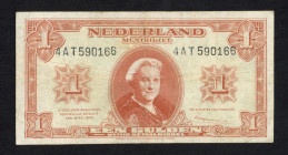 Banknotes Netherlands - 1 Gulden 18.5.1945 Muntbiljet Printing Error (Mev. 06-1c / AV 6.1c.2 / Pick 70) - series 4 AT 590166 placed to high - F/VF