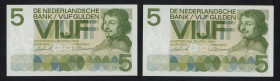 Banknotes Netherlands - 5 Gulden 1966 Vondel I (Mev. 23-1a / AV 18.1a / Pick 90a) - consecutive nrs. - Total 2 pcs. in UNC