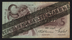 Banknotes Netherlands Oversea - Nederlands-Indië - 5 Gulden 13.4.1939 J.P. Javaanse Dansers (P. 78b) with bar type ovpt. Republik Maluku Selatan RMS (...