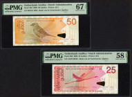 Banknotes Netherlands Oversea - Nederlandse Antillen - 25 Gulden 2006 Flamingo (P. 29d) - PMG Choice a.UNC 58 EPQ + 50 Gulden 2006 Andes mus (P. 30d) ...