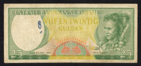 Banknotes Netherlands Oversea - Suriname - 25 Gulden 2.1.1957 (P. 113a) - ink + stamp on back - Fine