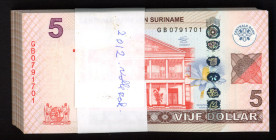 Banknotes Netherlands Oversea - Suriname - 5 Dollars 1.4.2012 (P. 162b / PLSD2.1c) - bundle of 100 pcs. consecutive nrs. - UNC