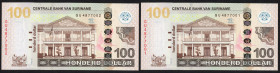 Banknotes Netherlands Oversea - Suriname - 100 Dollars 1.4.2012 (P. 166b) - Total 2 pcs. in a.UNC/UNC