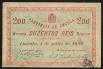World Banknotes - Angola - 200 Reis 1.7.1892, red on green underprint (P. 20B) - 2nd serie - ink stain in lower right margin - very Rare - G/F..